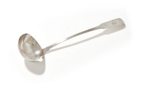 A GEORGE III IRISH SILVER FIDDLE PATTERN SOUP LADLE, RICHARD SAWYER, DUBLIN 1808