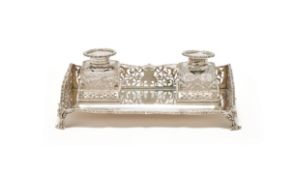 A VICTORIAN SILVER RECTANGULAR TWO BOTTLE INKSTAND, WALTER & JOHN BARNARD, LONDON 1891