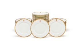 HAVILAND & CO, LIMOGES, A SET OF WHITE PORCELAIN DINNER PLATES, WITH GOLD RIMS AND A MONOGRAM BELOW