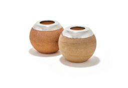 A PAIR OF ROYAL DOULTON POTTERY AND SILVER MOUNTED MATCH STRIKERS, THE SILVER MOUNTS BY ASPREY & CO.