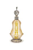 A GERMAN SILVER MOUNTED AND COLOURED GLASS DECANTER, .800 STANDARD, STAMPED GERMANY