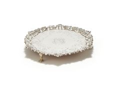 A GEORGE II IRISH SILVER SHAPED CIRCULAR WAITER, ISAAC D'OLIER, DUBLIN, NO DATE LETTER, CIRCA 1750