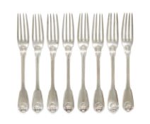 A SET OF EIGHT FRENCH SILVER FIDDLE, SHELL AND THREAD PATTERN DESSERT FORKS, PIERRE QUEILLE, PARIS