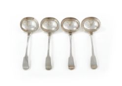 A SET OF FOUR GEORGE III SILVER FIDDLE PATTERN SAUCE LADLES, ROBERT RUTLAND, LONDON 1817