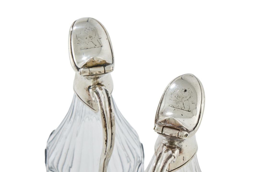 A PAIR OF SILVER MOUNTED AND FACETTED GLASS OIL BOTTLES, ROBERT HENNELL, CIRCA 1790 - Image 2 of 2