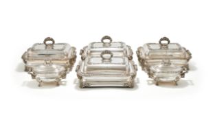 A SET OF FOUR REGENCY OLD SHEFFIELD PLATE ENTREE DISHES AND A PAIR OF SAUCE TUREENS