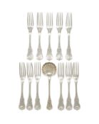 A SET OF ELEVEN FRENCH SILVER KING'S PATTERN TABLE FORKS AND A SIFTING SPOON, PIERRE QUEILLE, PARIS