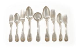 A WILLIAM IV SCOTTISH SILVER FIDDLE, SHELL AND THREAD PATTERN TABLE SERVICE