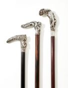 THREE CONTINENTAL SILVER MOUND WALKING STICKS WITH FEMALE FIGURE HANDLES