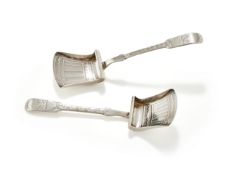 A PAIR OF GEORGE III SILVER FIDDLE PATTERN CADDY SOONS, WILLIAM PUGH, BIRMINGHAM 1811