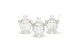 BACCARAT, HARCOURT MISSOURI, THREE CRYSTAL JAM/MUSTARD JARS AND SPOONS