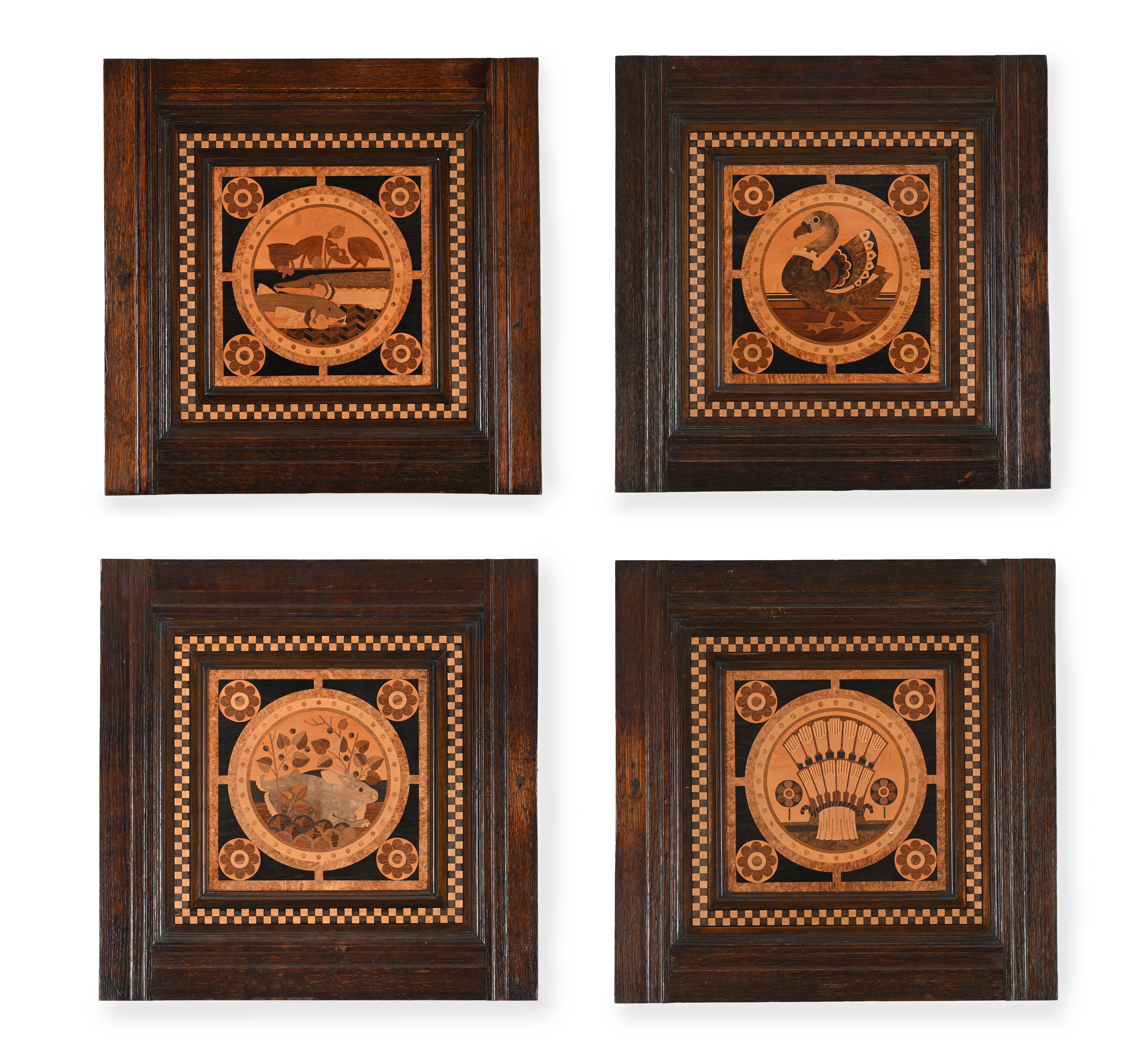 BRUCE JAMES TALBERT (BRITISH, 1838-1881) ATTRIBUTED, FOUR MARQUETRY PANELS, CIRCA 1880