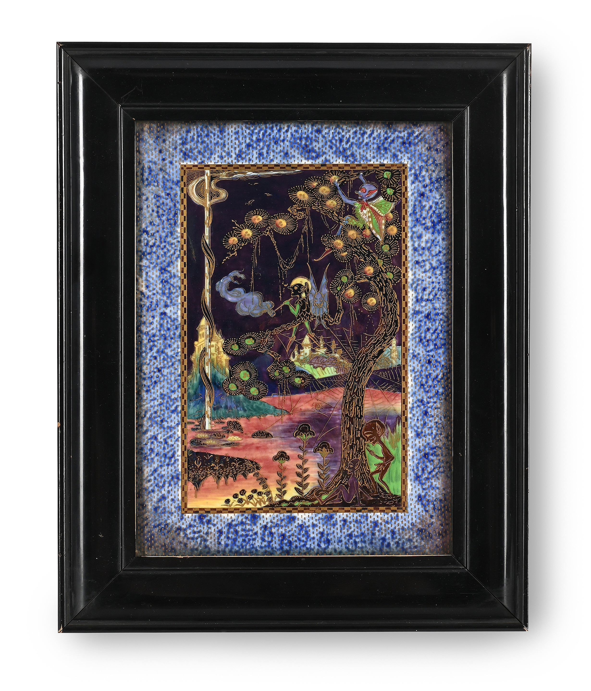 DAISY MAKEIG-JONES (ENGLISH, 1881-1945), 'ELVES IN A PINE TREE' FAIRYLAND LUSTRE PLAQUE, CIRCA 1925