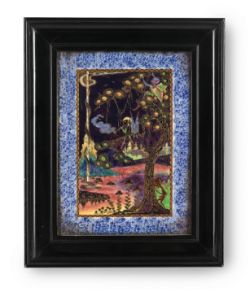 DAISY MAKEIG-JONES (ENGLISH, 1881-1945), 'ELVES IN A PINE TREE' FAIRYLAND LUSTRE PLAQUE, CIRCA 1925