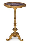 A VICTORIAN GILTWOOD AND AMETHYST TRIPOD TABLE, THE TABLE SECOND HALF 19TH CENTURY