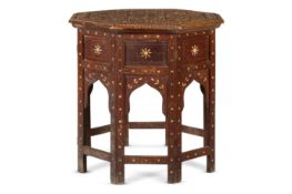 A BONE INLAID HARDWOOD OCTAGONAL TABLE, SIMLA, 19TH CENTURY