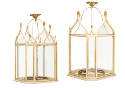 A PAIR OF GILTWOOD AND CREAM PAINTED HANGING LANTERNS OF LARGE SCALE