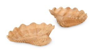 TWO CARVED WOOD MODELS OF GIANT CLAM SHELLS, MODERN