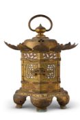 A JAPANESE GILT METAL HANGING LANTERN OF PAGODA FORM, LATE 19TH OR 20TH CENTURY