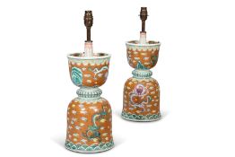 A PAIR OF CHINESE DRAGON DECORATED OIL LAMP BASE TABLE LAMPS, 20TH CENTURY