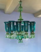 ‡ AN INDIAN MARKET GREEN GLASS TWELVE LIGHT CHANDELIER, PROBABLY ENGLISH, LATE 19TH CENTURY