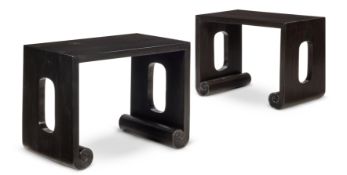 Y A PAIR OF SOLID MACASSAR EBONY STOOLS, INDIAN IN THE CHINESE MANNER, MODERN