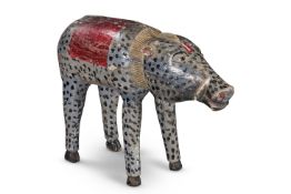 A CARVED AND POLYCHROME DECORATED MODEL OF A BOAR, INDIAN, 20TH CENTURY