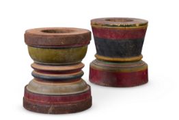 TWO POLYCHROME PAINTED, HARDWOOD MORTARS, INDIAN, EARLY 20TH CENTURY