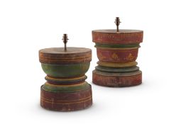 TWO POLYCHROME PAINTED HARDWOOD MORTAR TABLE LAMPS, INDIAN, EARLY 20TH CENTURY