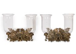 A PAIR OF GILT METAL MOUNTED CARVED WOOD TWO BRANCH WALL LIGHTS