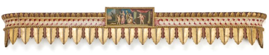 A GEORGE III GILTWOOD AND POLYCHROME PAINTED PELMET, THIRD QUARTER 18TH CENTURY, IN THE MANNER OF GI