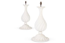 A LARGE PAIR OF WHITE PAINTED WOOD TABLE LAMPS, BY ANDREW ALLFREE (B.1956)