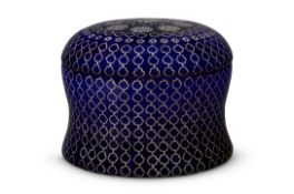 A BLUE-GLASS ROUND BOX AND COVER, POSSIBLY BEYKOZ, 20TH CENTURY