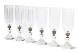 A SET OF SIX CLEAR GLASS HURRICANE LANTERN LIGHTS, MODERN