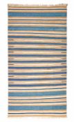A BLUE, WHITE AND SAND COLOURED STRIPED DHURRIE, 20TH CENTURY