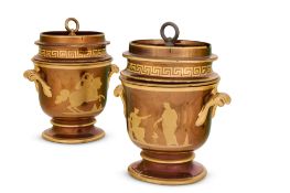 A PAIR OF STAFFORDSHIRE RED-POTTERY COPPER-LUSTRE ICE-PAILS, COVERS AND LINERS, SECOND QUARTER 19TH