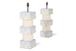 A PAIR OF BLUE AND WHITE PAINTED COLUMN TABLE LAMPS, BY ANDREW ALLFREE (B.1956)