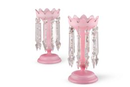 A PAIR OF FROSTED-PINK AND CLEAR GLASS LUSTRES, BRITISH OR FRENCH, LATE 19TH CENTURY