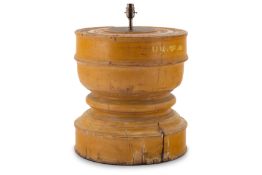 A YELLOW PAINTED HARDWOOD MORTAR TABLE LAMP, INDIAN, EARLY 20TH CENTURY
