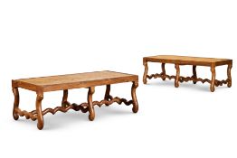 A PAIR OF LOUIS XIV STYLE WALNUT AND CANED LONG STOOLS, INDIAN, MODERN
