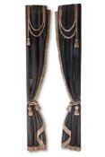 A LARGE PAIR OF SILVERED AND BLACK PAINTED CARVED WOOD FAUX THEATRE CURTAINS, MID 20TH CENTURY