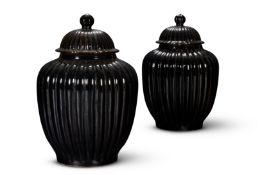 A LARGE PAIR OF CHINESE DARK BROWN GLAZED FLUTED VASES, MODERN