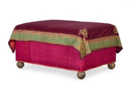 A GOLD THREAD EMBROIDERED PURPLE VELVET COVERED OTTOMAN, MODERN INCORPORATING MUGHAL ZAMIN KALABADU