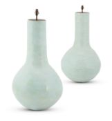 A PAIR OF PALE-BLUE POTTERY TABLE LAMPS, PORTUGUESE, MODERN