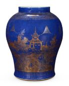 ‡ A LARGE CHINESE POWDER BLUE AND GILT 'TEMPLE' JAR, LATE 18TH OR EARLY 19TH CENTURY