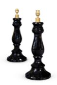 A PAIR OF DARK GREEN GLASS TABLE LAMPS, MODERN