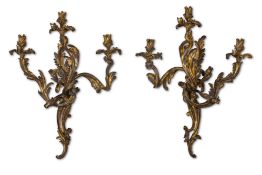 A LARGE PAIR OF GILT BRONZE THREE LIGHT WALL LIGHTS OR APPLIQUES, FRENCH, 19TH CENTURY