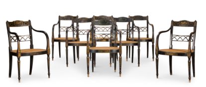 ‡ A SET OF EIGHT GEORGE III POLYCHROME PAINTED AND PARCEL GILT ARMCHAIRS, CIRCA 1800