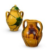 A FRENCH PROVINCIAL OCHRE, GREEN AND BROWN GLAZED ORJOL, LATE 19TH OR FIRST HALF 20TH CENTURY