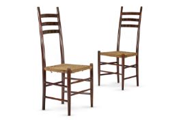 A PAIR OF BRASS INLAID HARDWOOD LADDER BACK SIDE CHAIRS, 20TH CENTURY